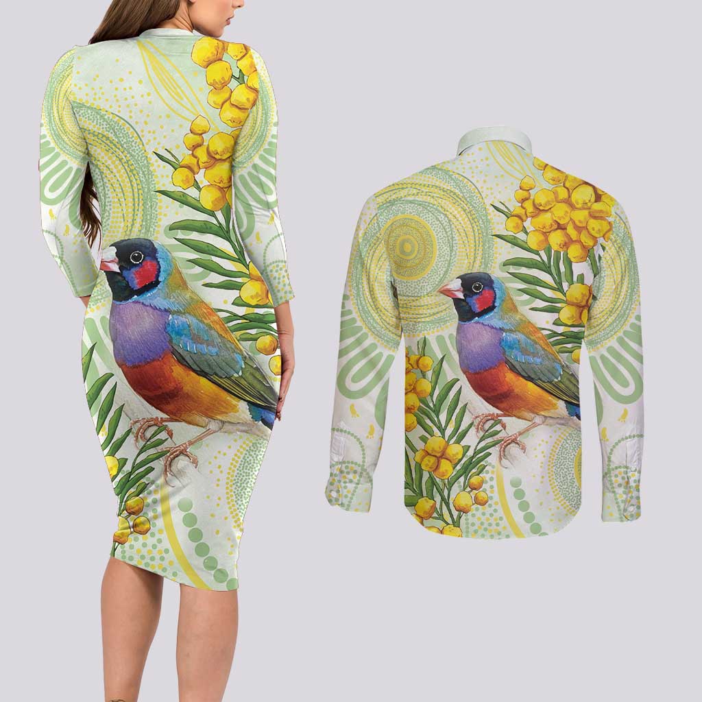 Gouldian Finch Golden Wattle Australia Couples Matching Long Sleeve Bodycon Dress and Long Sleeve Button Shirt Aboriginal Watercolor Style