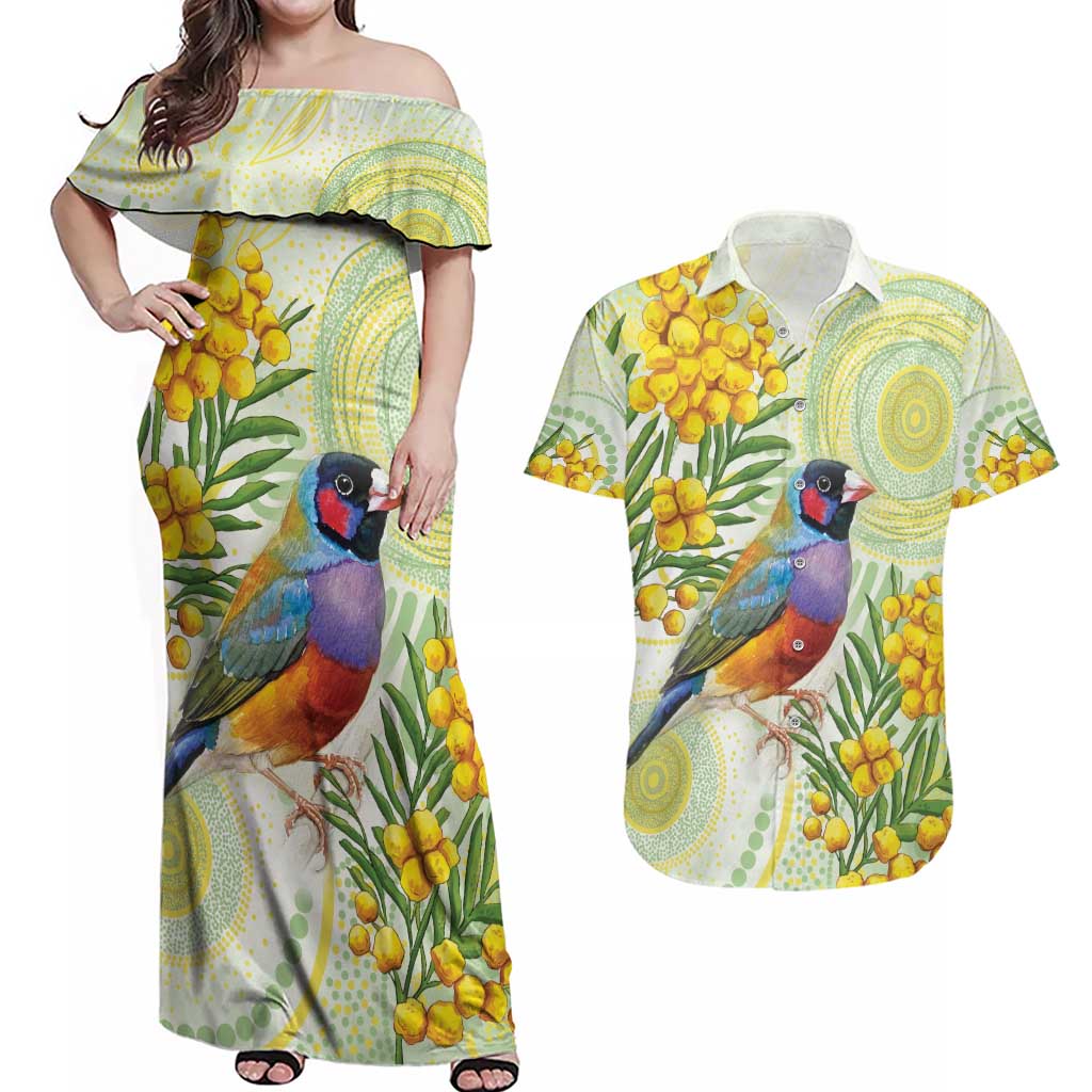 Gouldian Finch Golden Wattle Australia Couples Matching Off Shoulder Maxi Dress and Hawaiian Shirt Aboriginal Watercolor Style