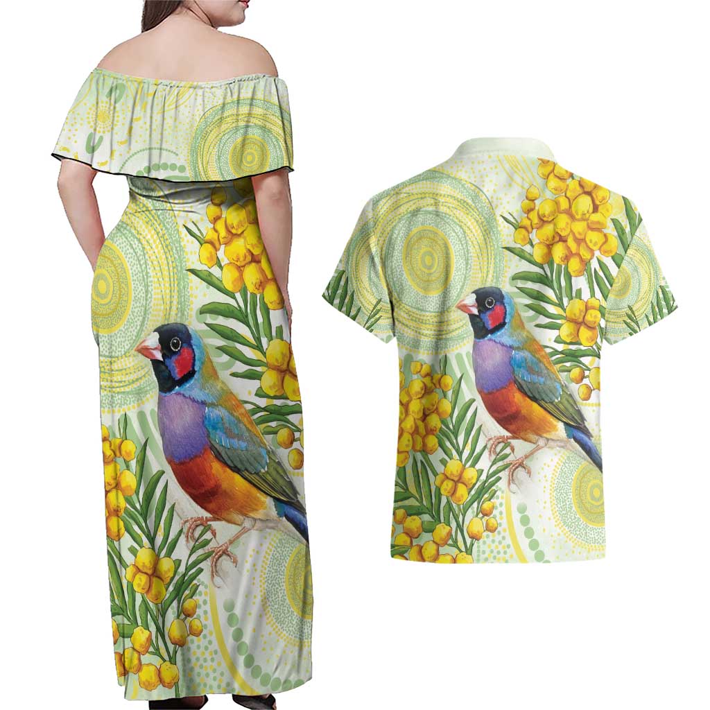 Gouldian Finch Golden Wattle Australia Couples Matching Off Shoulder Maxi Dress and Hawaiian Shirt Aboriginal Watercolor Style