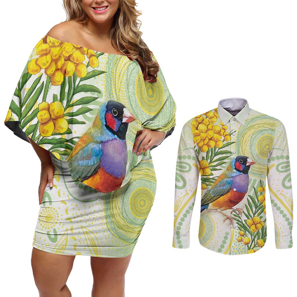 Gouldian Finch Golden Wattle Australia Couples Matching Off Shoulder Short Dress and Long Sleeve Button Shirt Aboriginal Watercolor Style