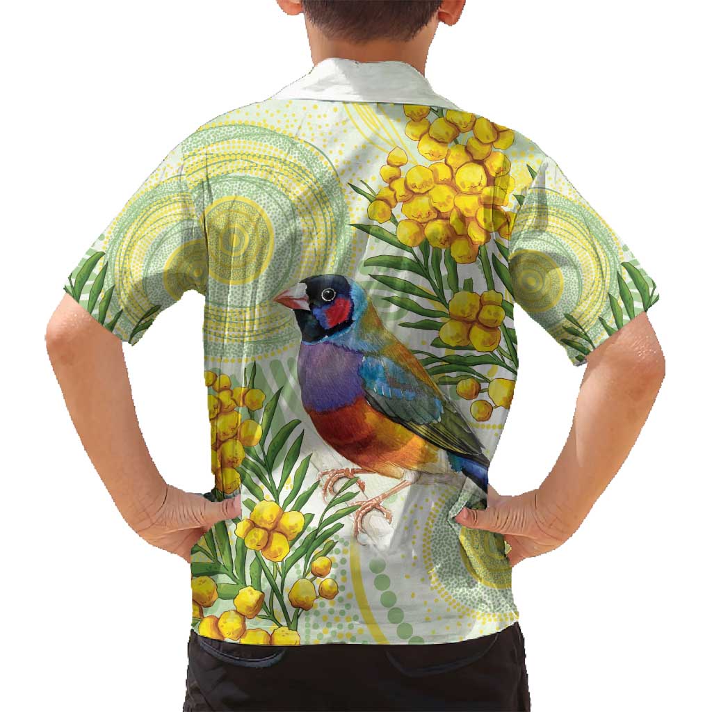 Gouldian Finch Golden Wattle Australia Family Matching Off Shoulder Short Dress and Hawaiian Shirt Aboriginal Watercolor Style