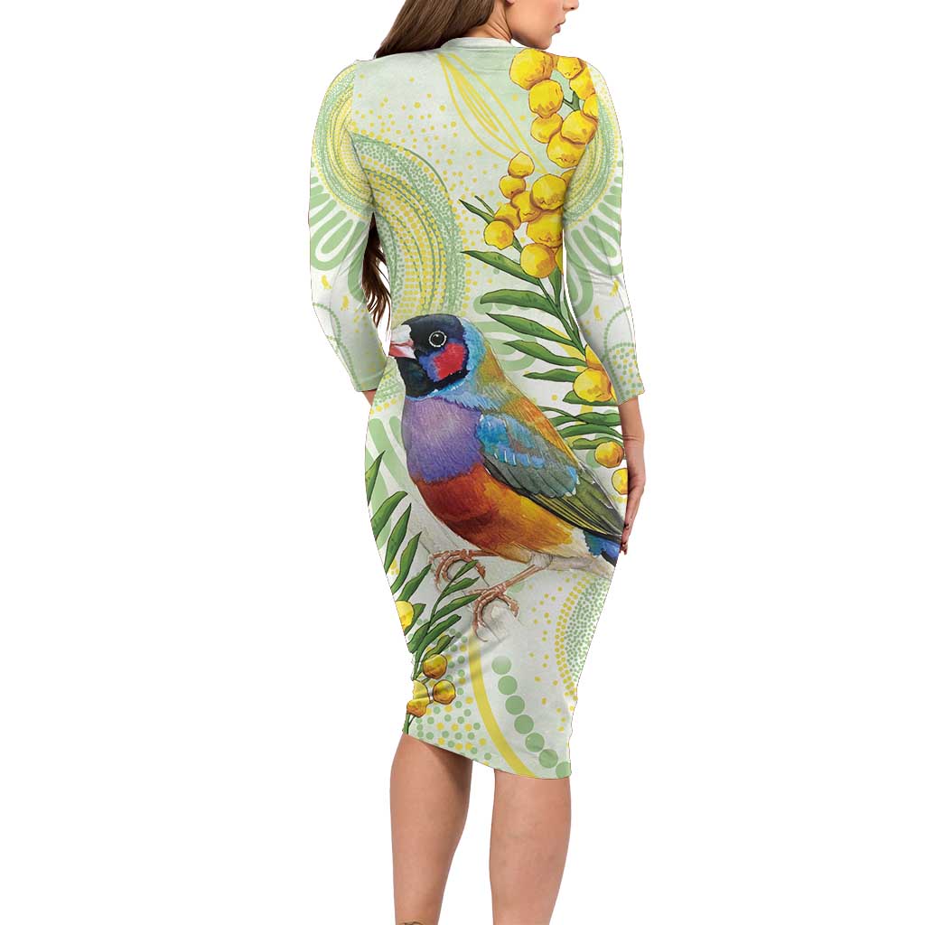 Gouldian Finch Golden Wattle Australia Long Sleeve Bodycon Dress Aboriginal Watercolor Style