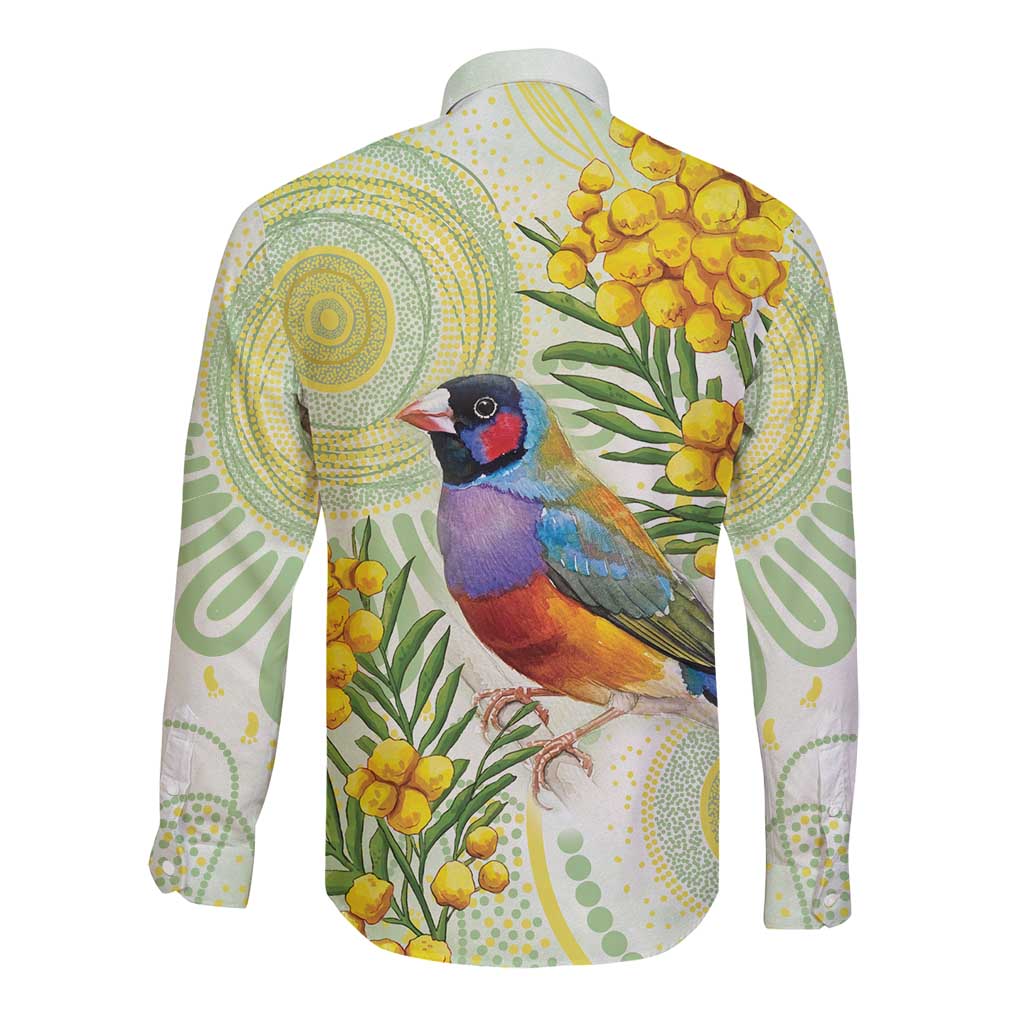 Gouldian Finch Golden Wattle Australia Long Sleeve Button Shirt Aboriginal Watercolor Style