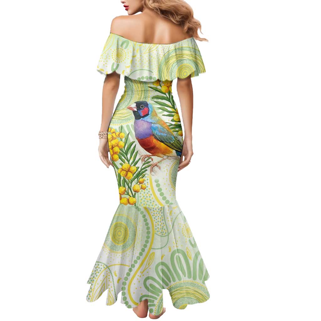 Gouldian Finch Golden Wattle Australia Mermaid Dress Aboriginal Watercolor Style