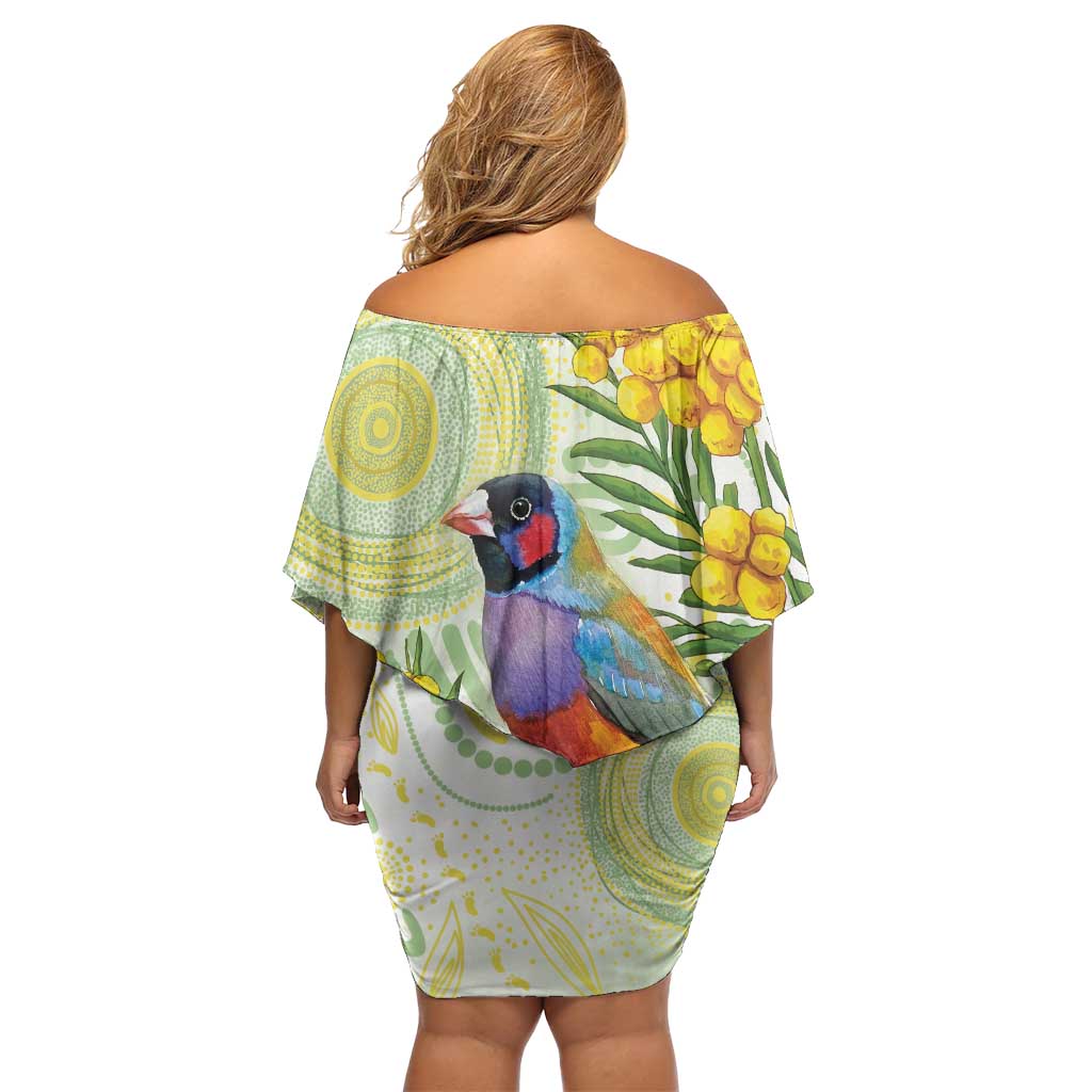 Gouldian Finch Golden Wattle Australia Off Shoulder Short Dress Aboriginal Watercolor Style