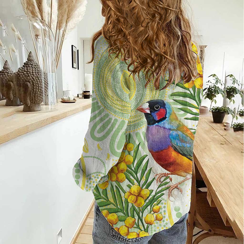 Gouldian Finch Golden Wattle Australia Women Casual Shirt Aboriginal Watercolor Style
