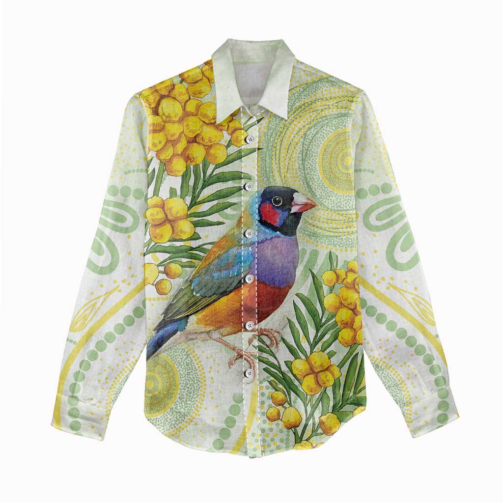 Gouldian Finch Golden Wattle Australia Women Casual Shirt Aboriginal Watercolor Style