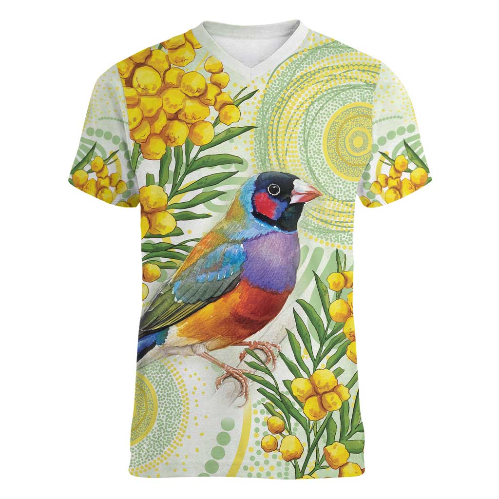Gouldian Finch Golden Wattle Australia Women V-Neck T-Shirt Aboriginal Watercolor Style