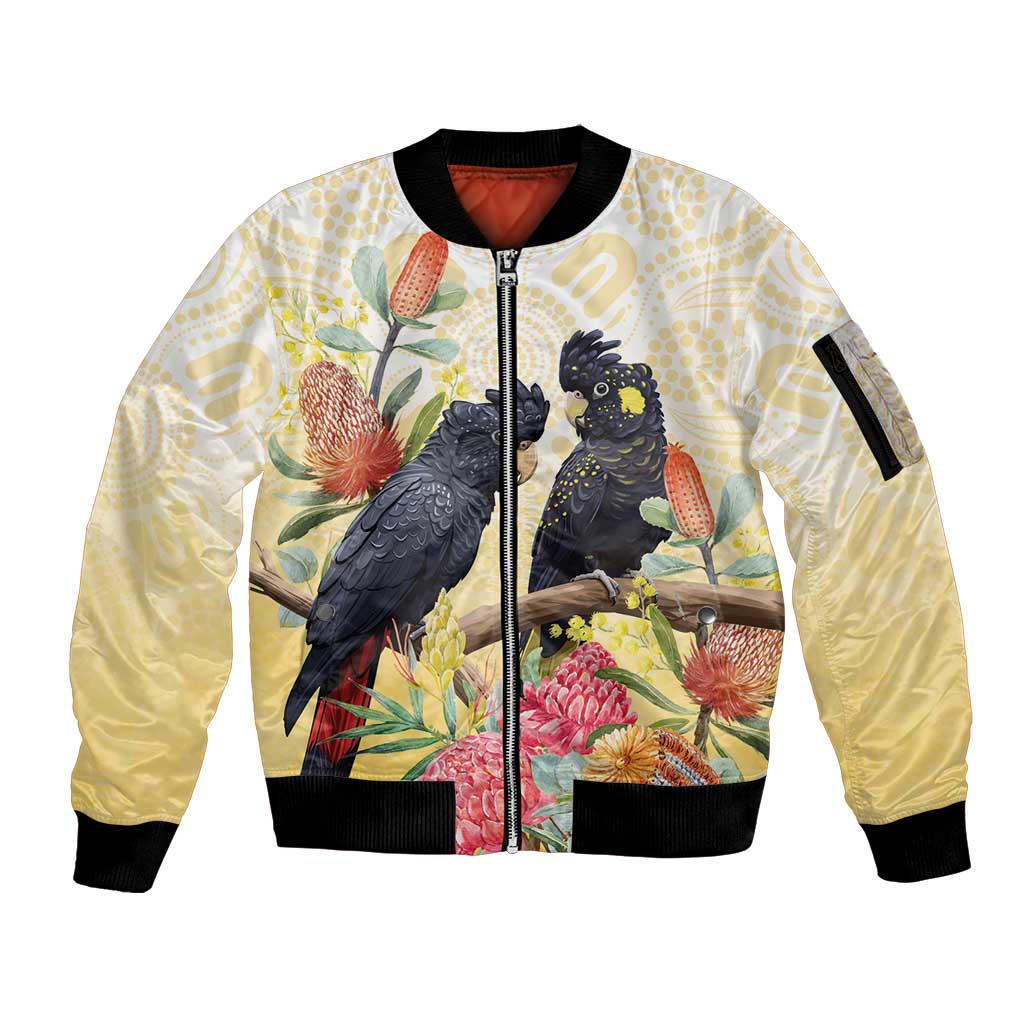 Black Cockatoo Banksia Australia Sleeve Zip Bomber Jacket Aboriginal Art