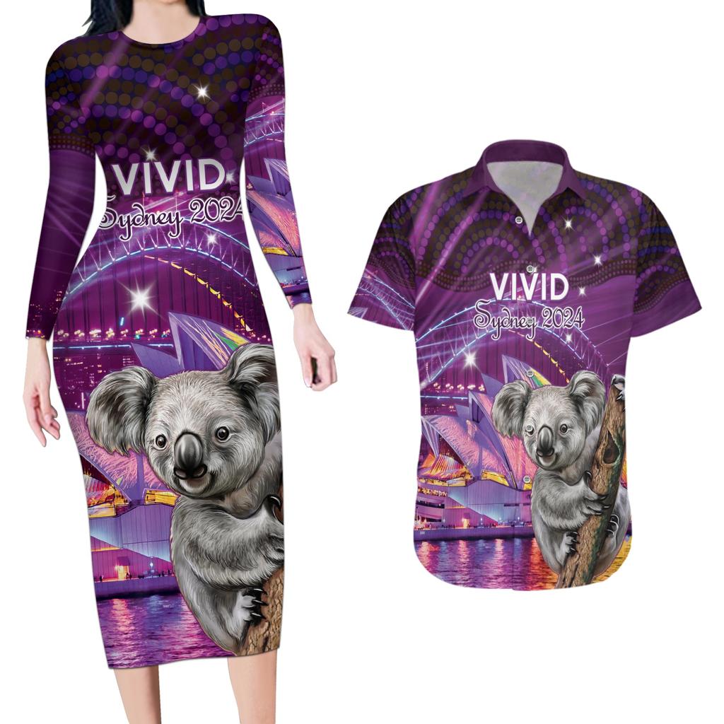 Vivid Sydney Australia Couples Matching Long Sleeve Bodycon Dress and Hawaiian Shirt Humanity Aussie Koala Fanciful Light