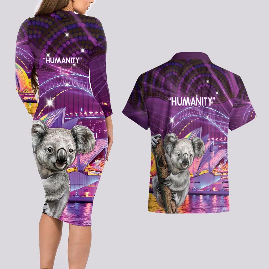 Vivid Sydney Australia Couples Matching Long Sleeve Bodycon Dress and Hawaiian Shirt Humanity Aussie Koala Fanciful Light