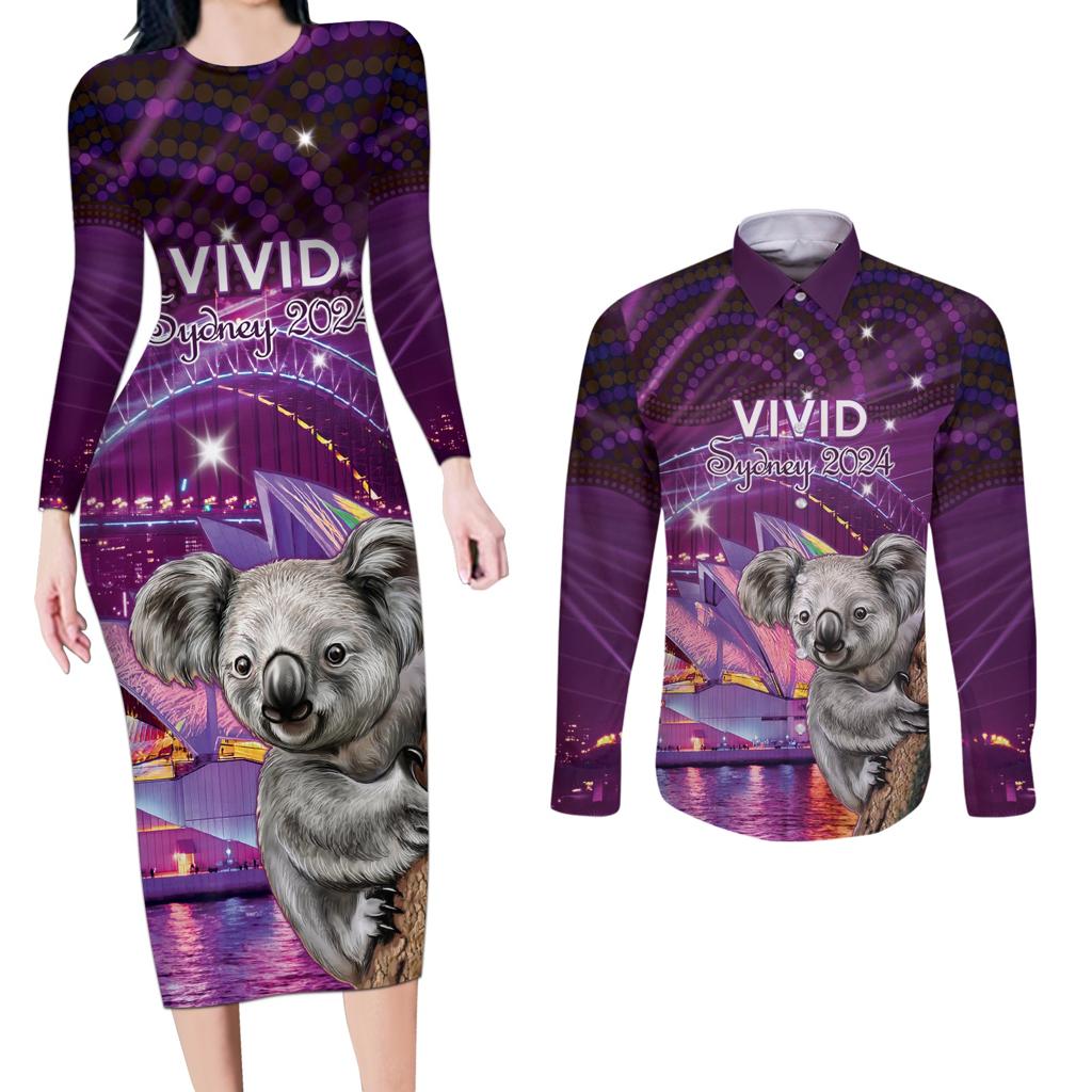 Vivid Sydney Australia Couples Matching Long Sleeve Bodycon Dress and Long Sleeve Button Shirt Humanity Aussie Koala Fanciful Light