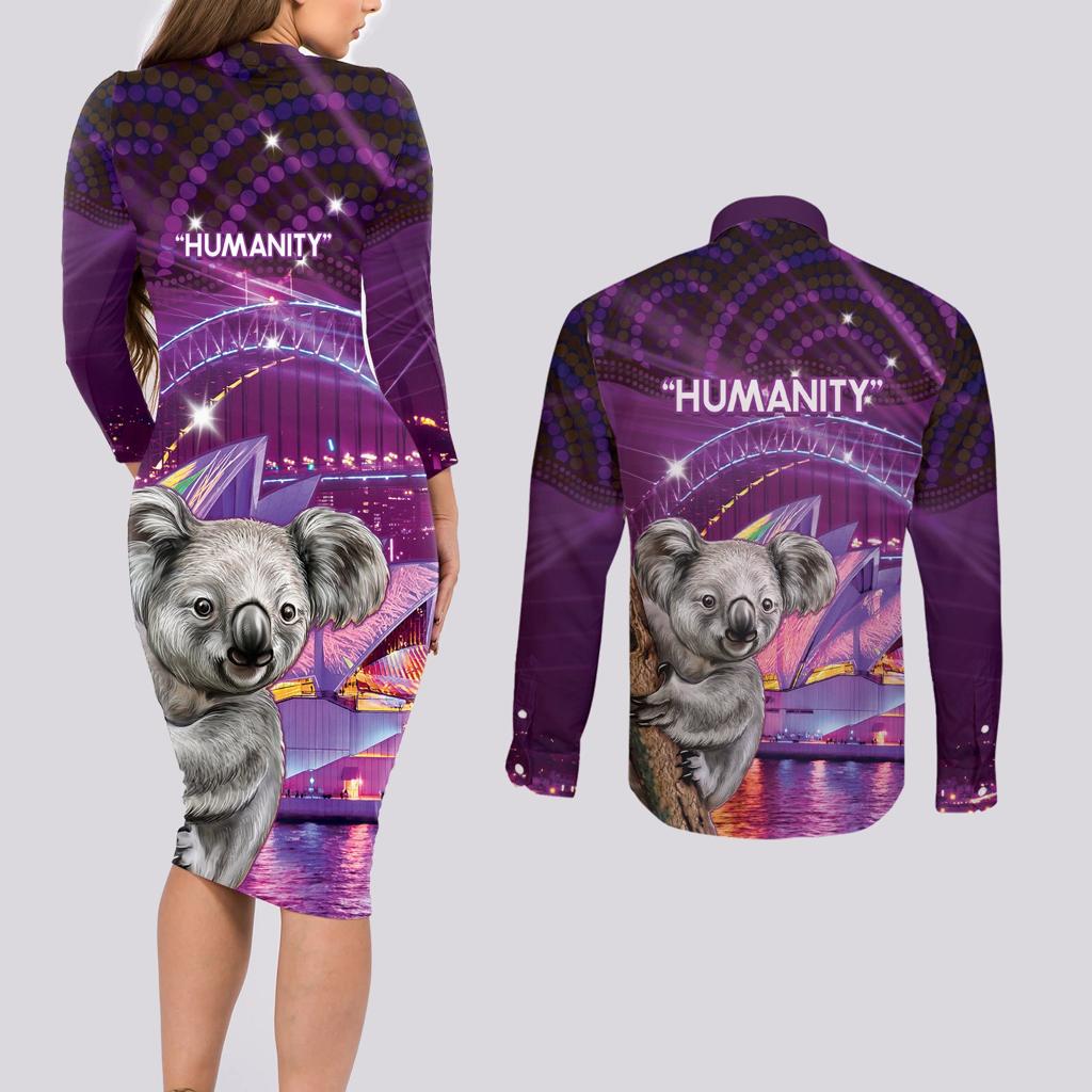 Vivid Sydney Australia Couples Matching Long Sleeve Bodycon Dress and Long Sleeve Button Shirt Humanity Aussie Koala Fanciful Light