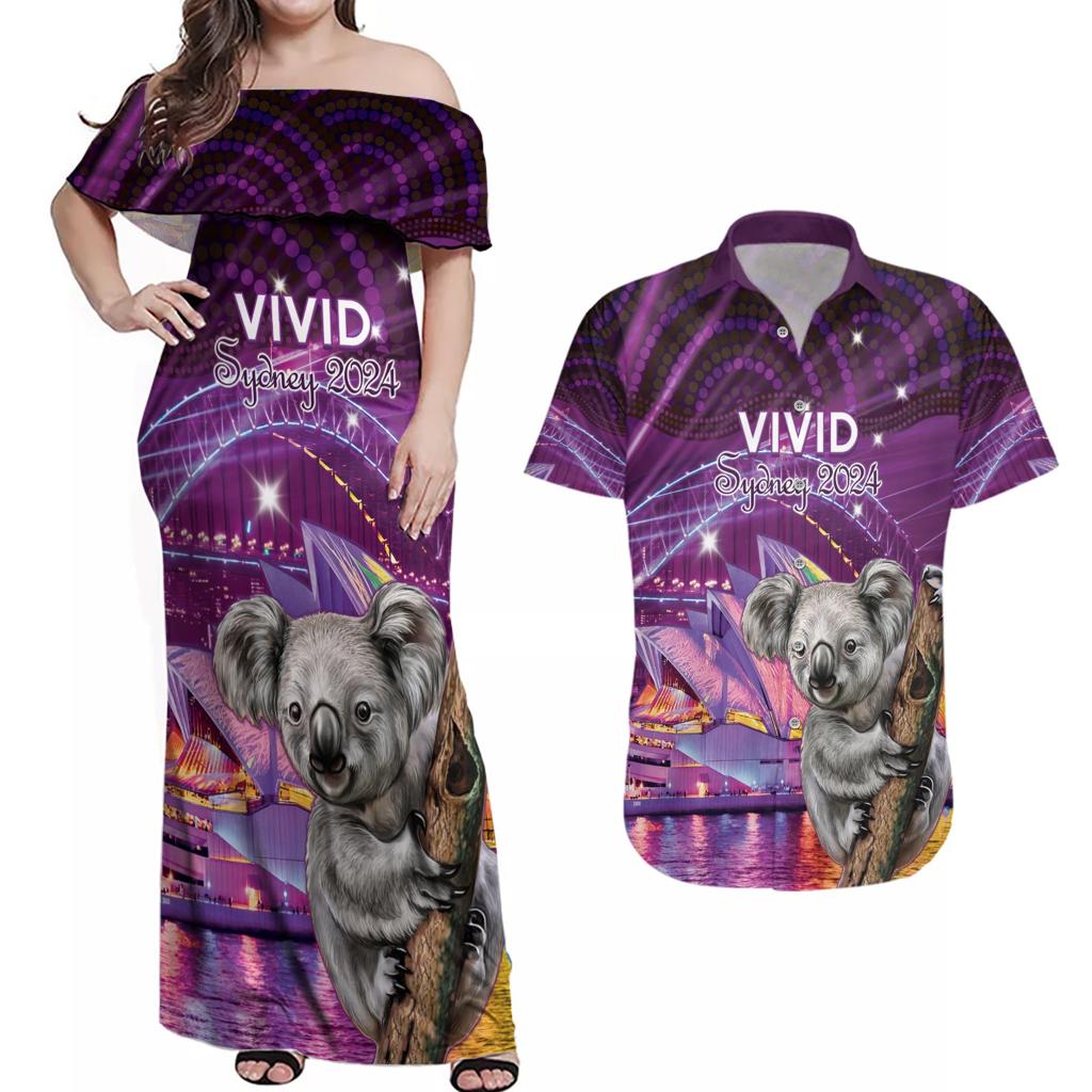 Vivid Sydney Australia Couples Matching Off Shoulder Maxi Dress and Hawaiian Shirt Humanity Aussie Koala Fanciful Light