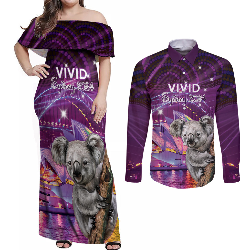 Vivid Sydney Australia Couples Matching Off Shoulder Maxi Dress and Long Sleeve Button Shirt Humanity Aussie Koala Fanciful Light