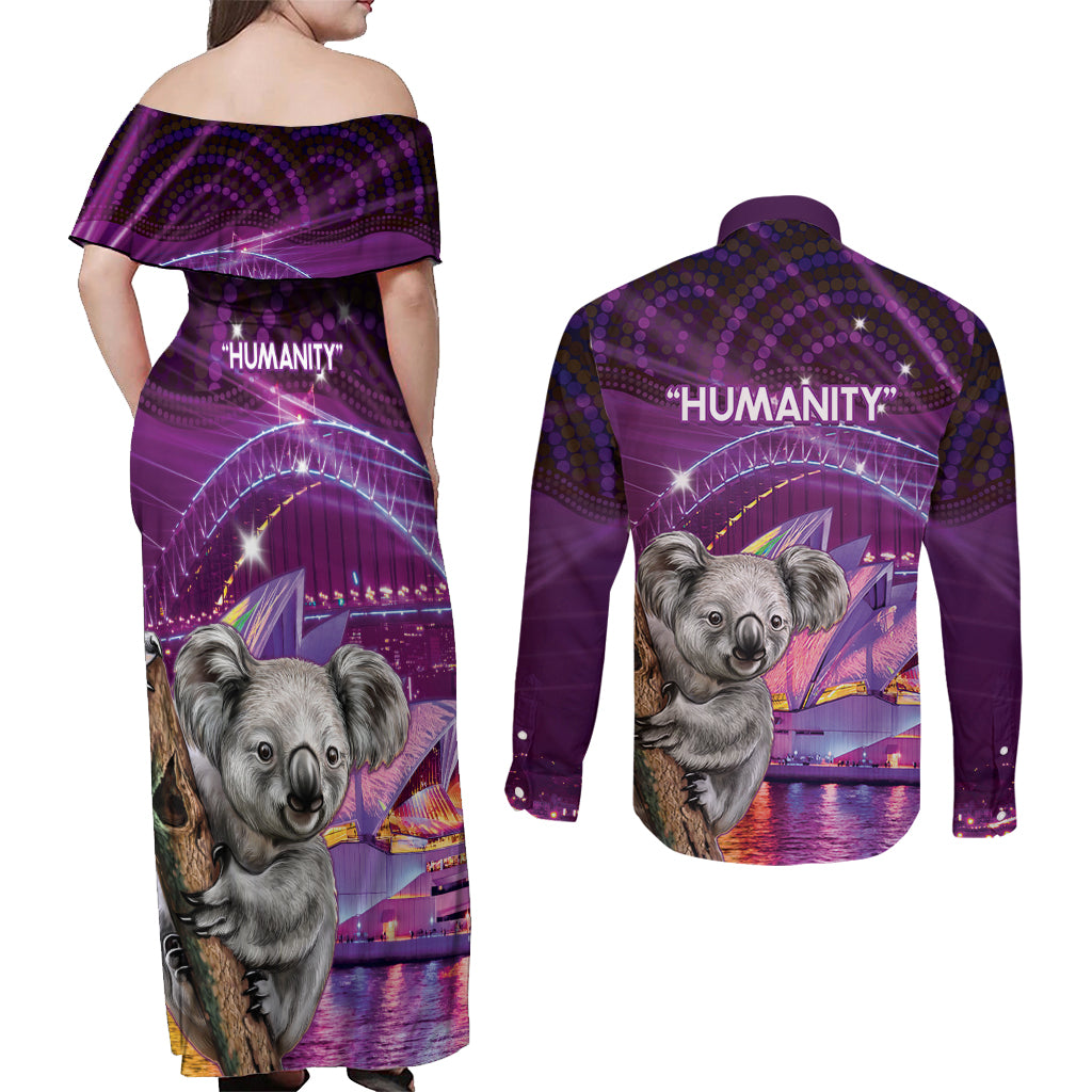 Vivid Sydney Australia Couples Matching Off Shoulder Maxi Dress and Long Sleeve Button Shirt Humanity Aussie Koala Fanciful Light