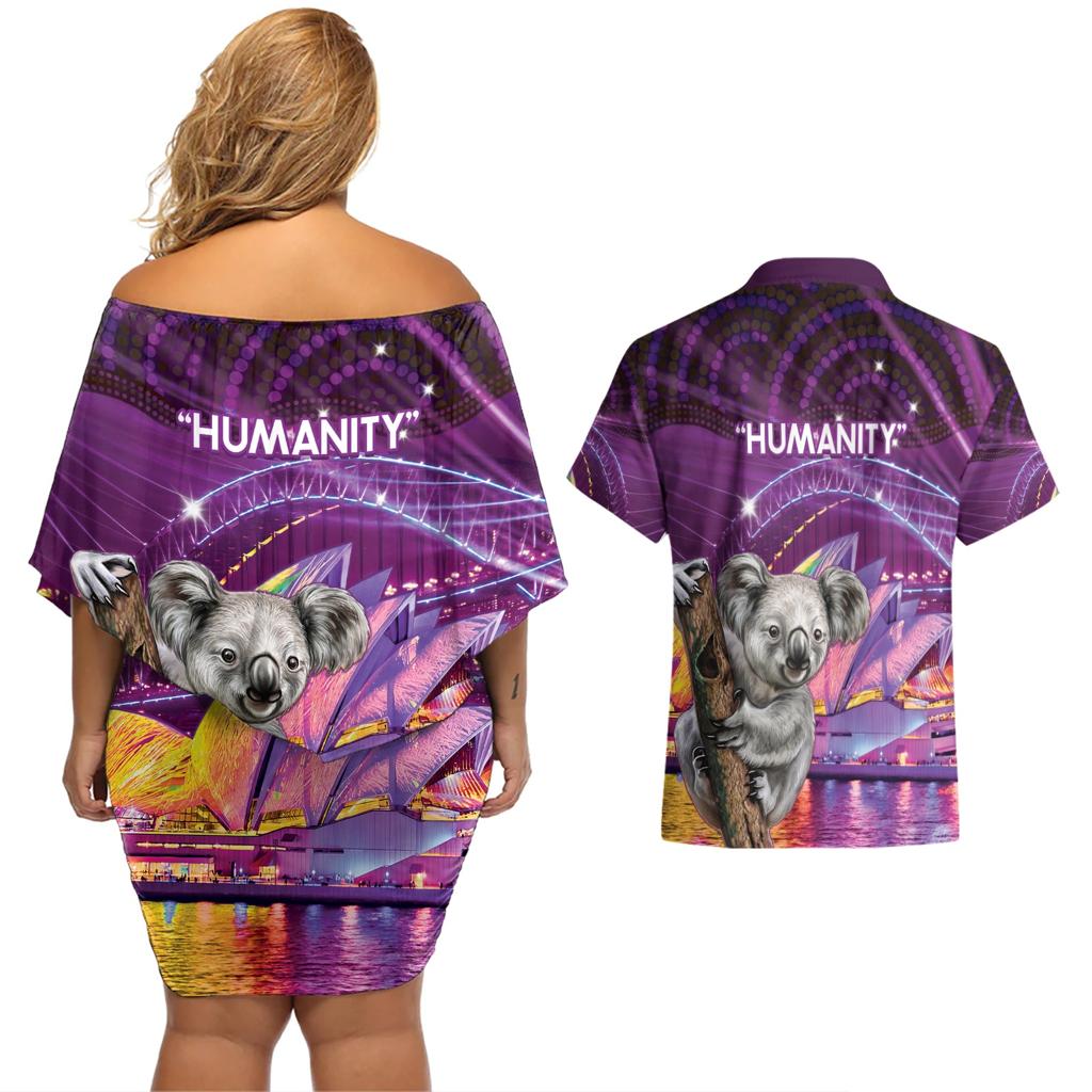 Vivid Sydney Australia Couples Matching Off Shoulder Short Dress and Hawaiian Shirt Humanity Aussie Koala Fanciful Light