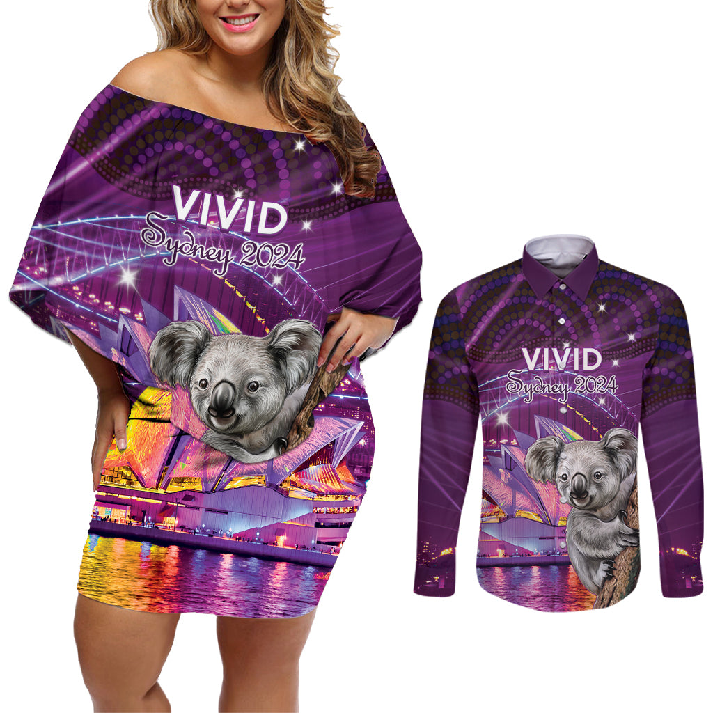 Vivid Sydney Australia Couples Matching Off Shoulder Short Dress and Long Sleeve Button Shirt Humanity Aussie Koala Fanciful Light