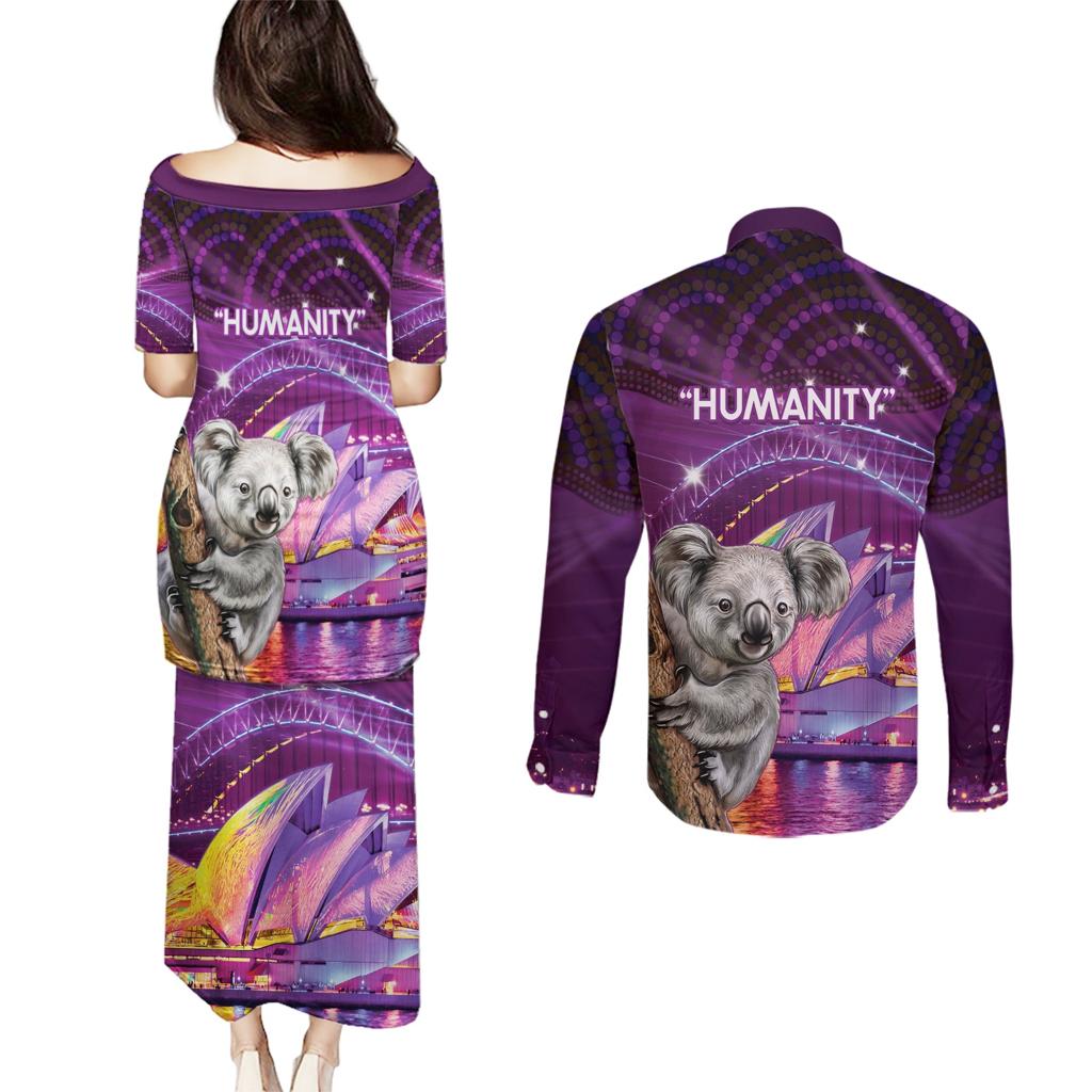 Vivid Sydney Australia Couples Matching Puletasi and Long Sleeve Button Shirt Humanity Aussie Koala Fanciful Light