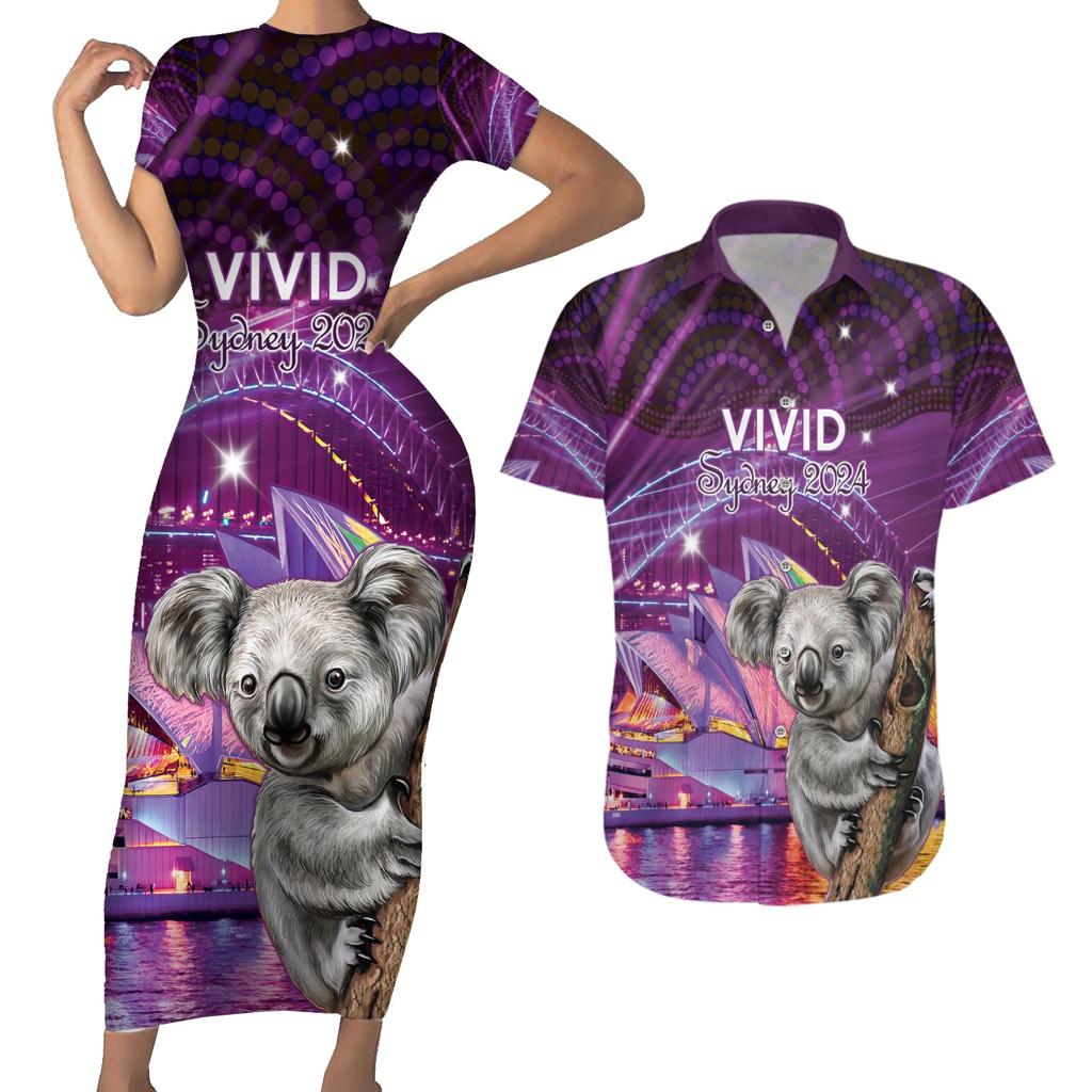 Vivid Sydney Australia Couples Matching Short Sleeve Bodycon Dress and Hawaiian Shirt Humanity Aussie Koala Fanciful Light