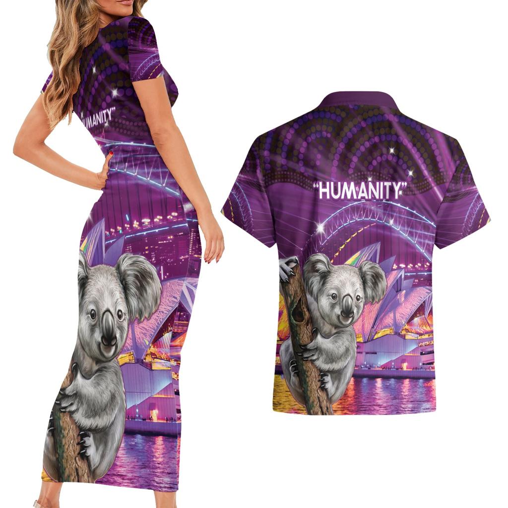 Vivid Sydney Australia Couples Matching Short Sleeve Bodycon Dress and Hawaiian Shirt Humanity Aussie Koala Fanciful Light