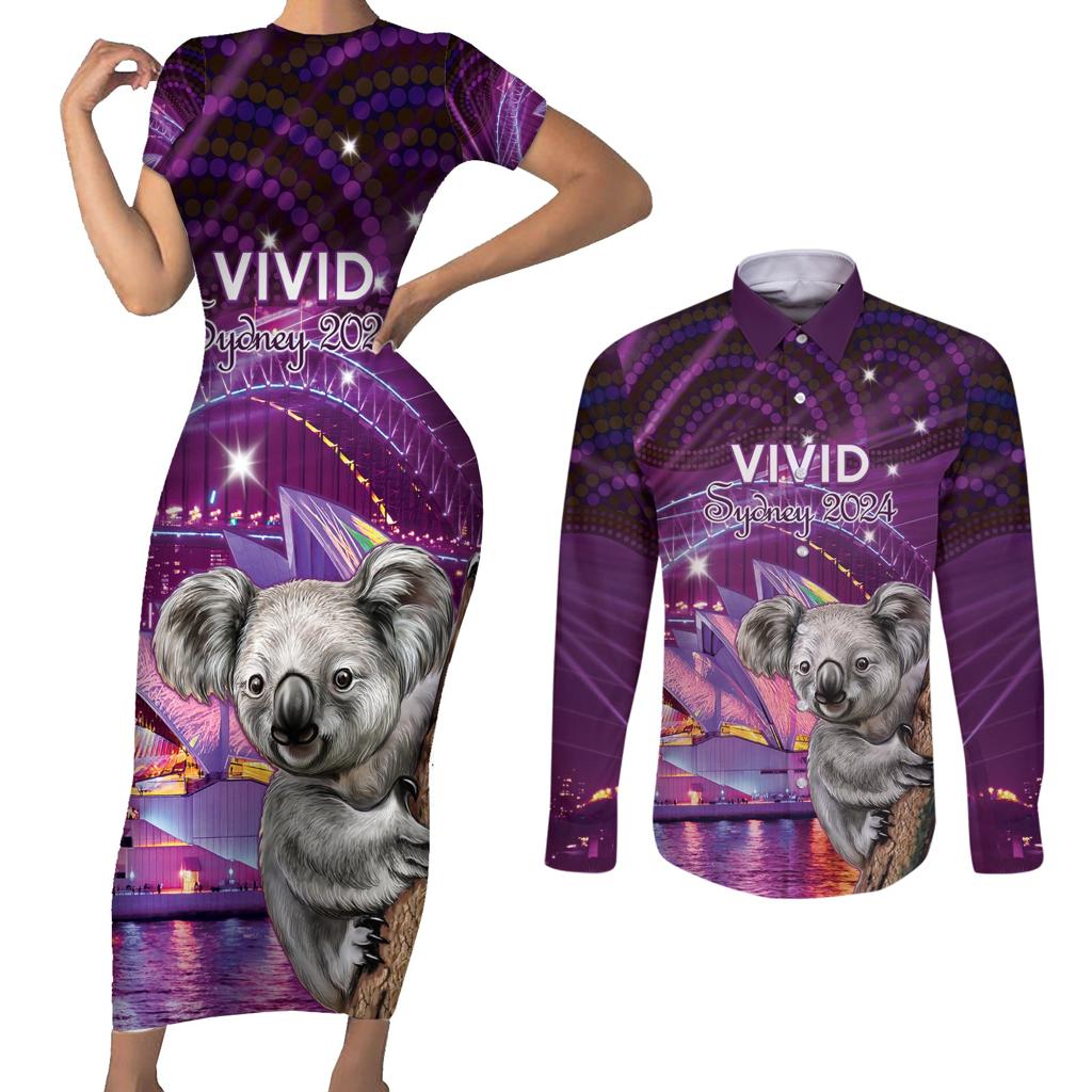 Vivid Sydney Australia Couples Matching Short Sleeve Bodycon Dress and Long Sleeve Button Shirt Humanity Aussie Koala Fanciful Light