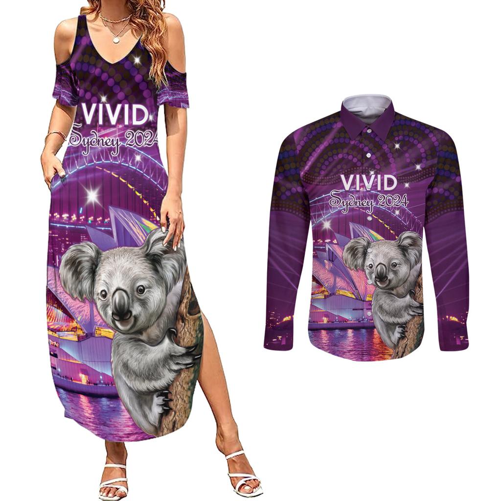 Vivid Sydney Australia Couples Matching Summer Maxi Dress and Long Sleeve Button Shirt Humanity Aussie Koala Fanciful Light