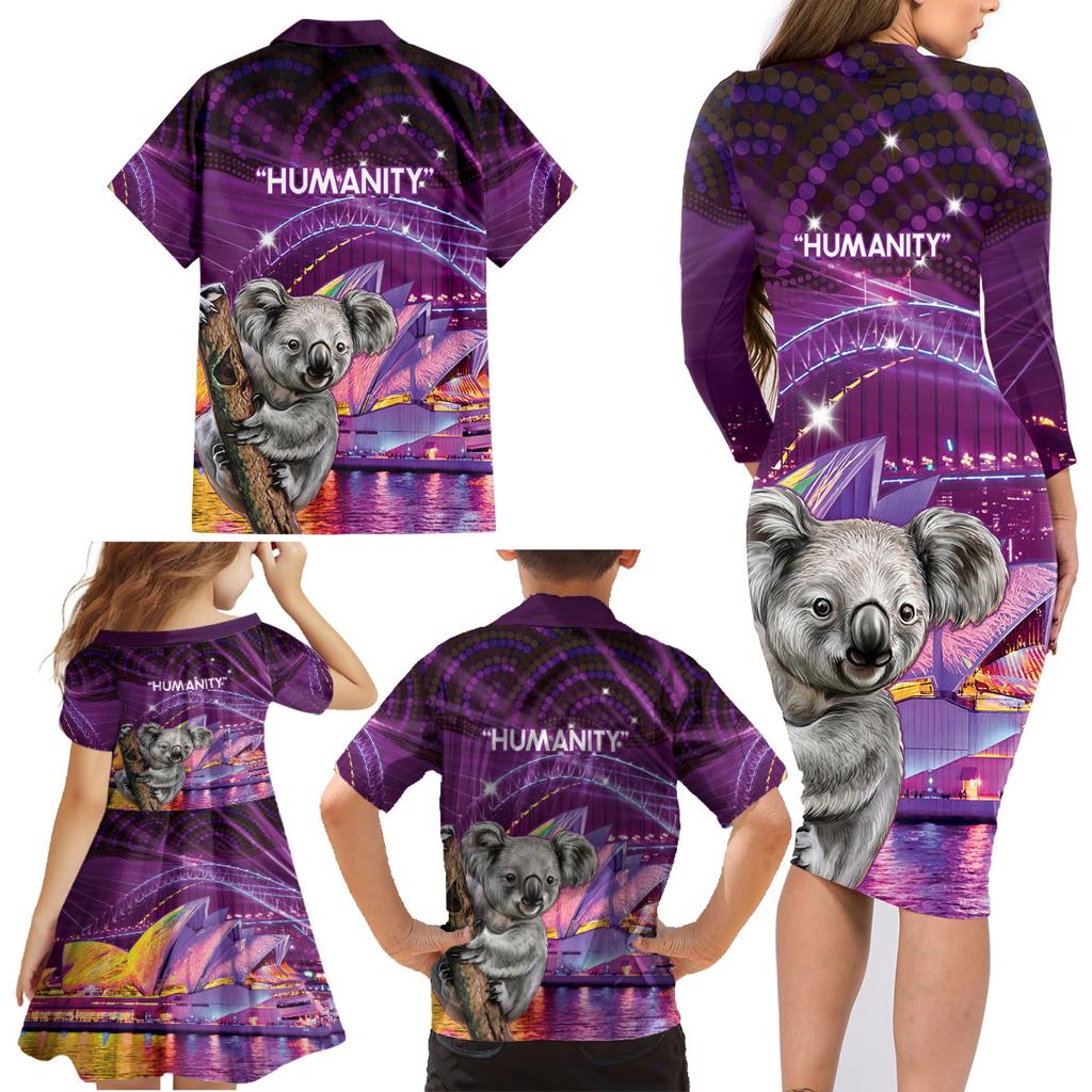 Vivid Sydney Australia Family Matching Long Sleeve Bodycon Dress and Hawaiian Shirt Humanity Aussie Koala Fanciful Light