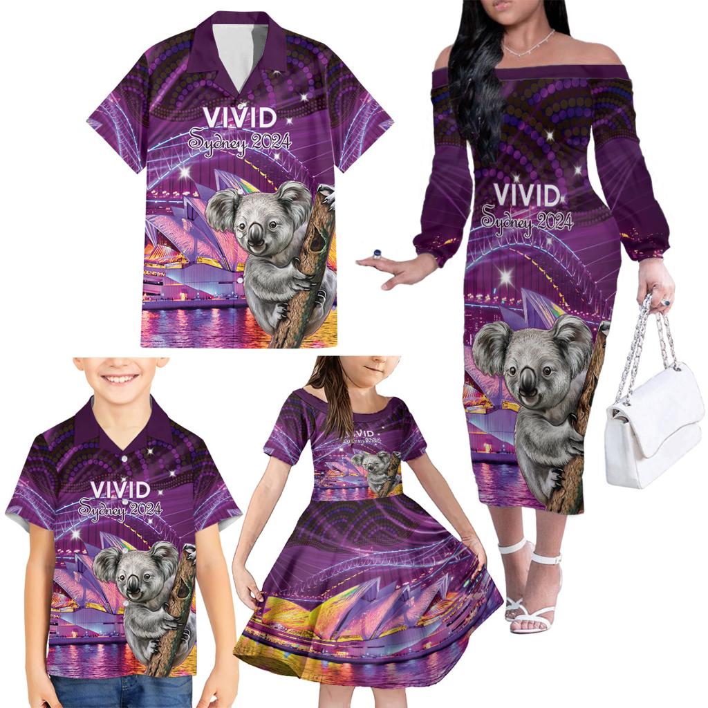 Vivid Sydney Australia Family Matching Off The Shoulder Long Sleeve Dress and Hawaiian Shirt Humanity Aussie Koala Fanciful Light