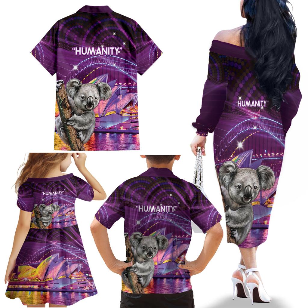 Vivid Sydney Australia Family Matching Off The Shoulder Long Sleeve Dress and Hawaiian Shirt Humanity Aussie Koala Fanciful Light