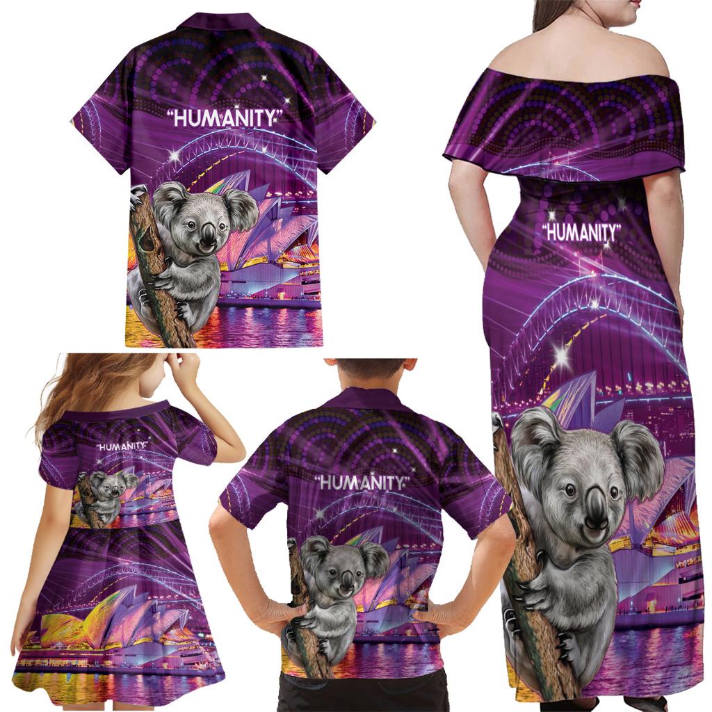 Vivid Sydney Australia Family Matching Off Shoulder Maxi Dress and Hawaiian Shirt Humanity Aussie Koala Fanciful Light