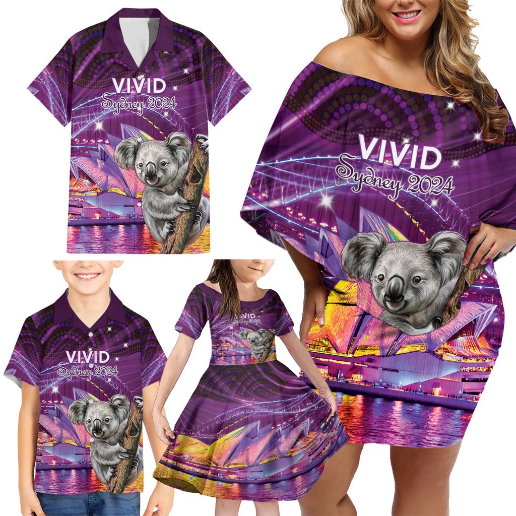 Vivid Sydney Australia Family Matching Off Shoulder Short Dress and Hawaiian Shirt Humanity Aussie Koala Fanciful Light