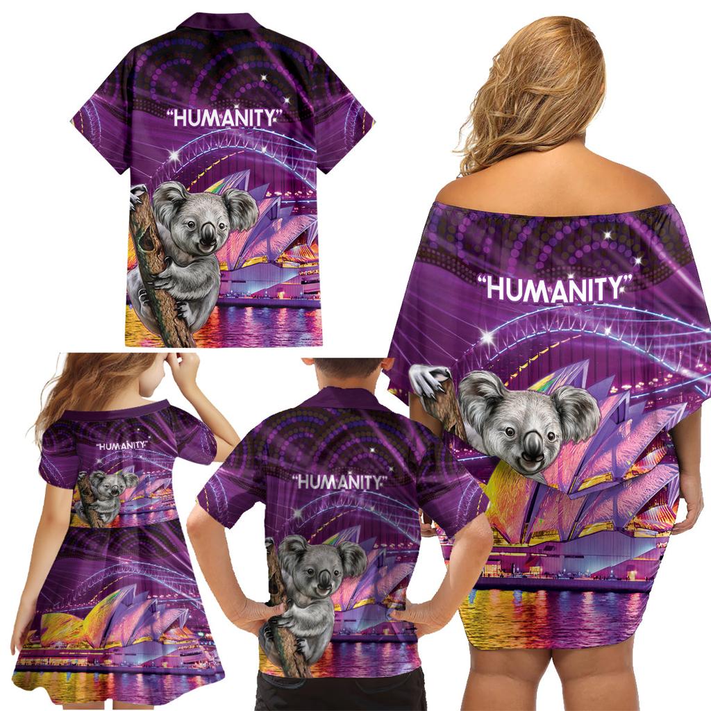 Vivid Sydney Australia Family Matching Off Shoulder Short Dress and Hawaiian Shirt Humanity Aussie Koala Fanciful Light