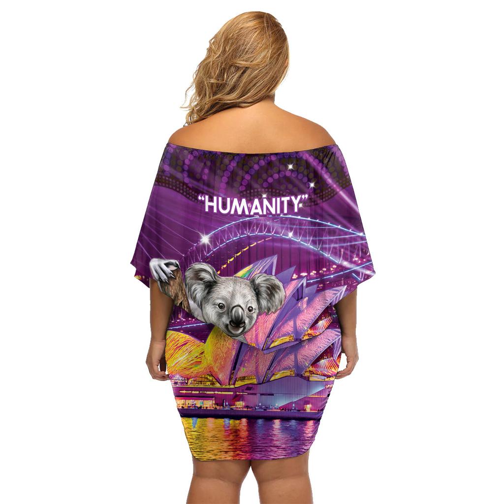 Vivid Sydney Australia Family Matching Off Shoulder Short Dress and Hawaiian Shirt Humanity Aussie Koala Fanciful Light