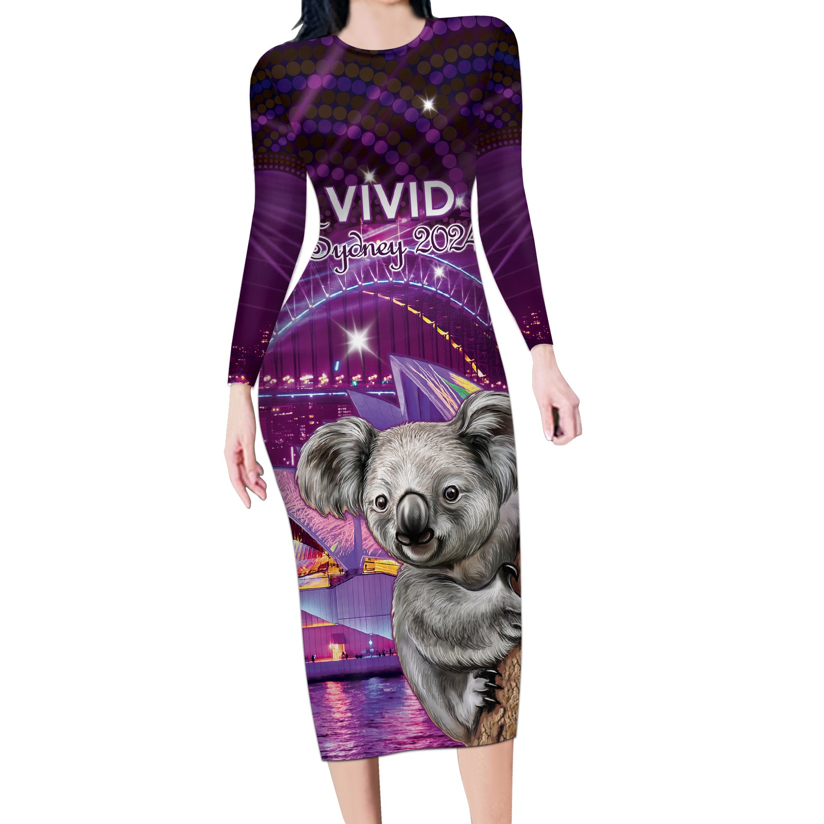 Vivid Sydney Australia Long Sleeve Bodycon Dress Humanity Aussie Koala Fanciful Light