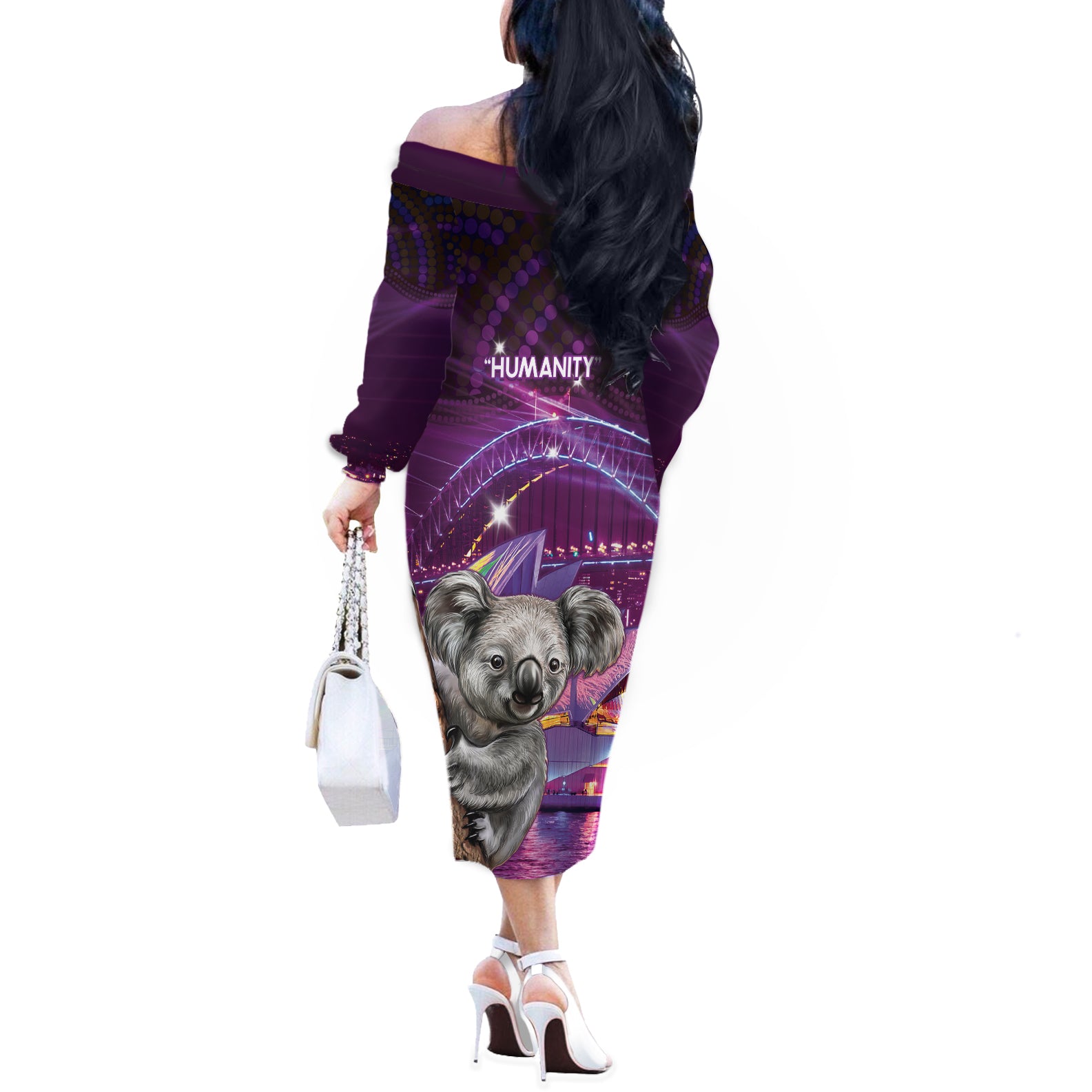 Vivid Sydney Australia Off The Shoulder Long Sleeve Dress Humanity Aussie Koala Fanciful Light