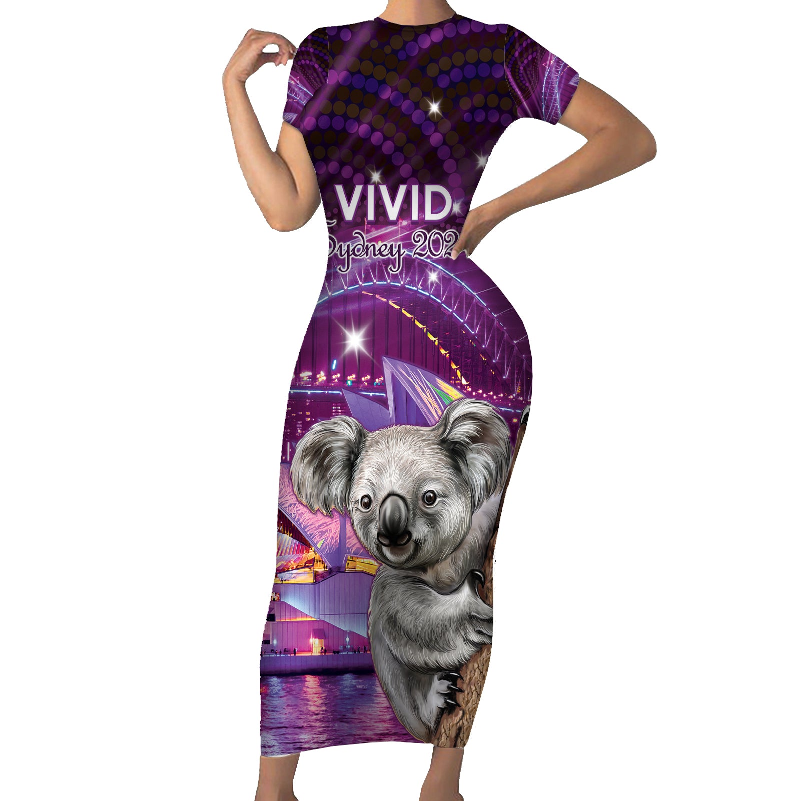 Vivid Sydney Australia Short Sleeve Bodycon Dress Humanity Aussie Koala Fanciful Light