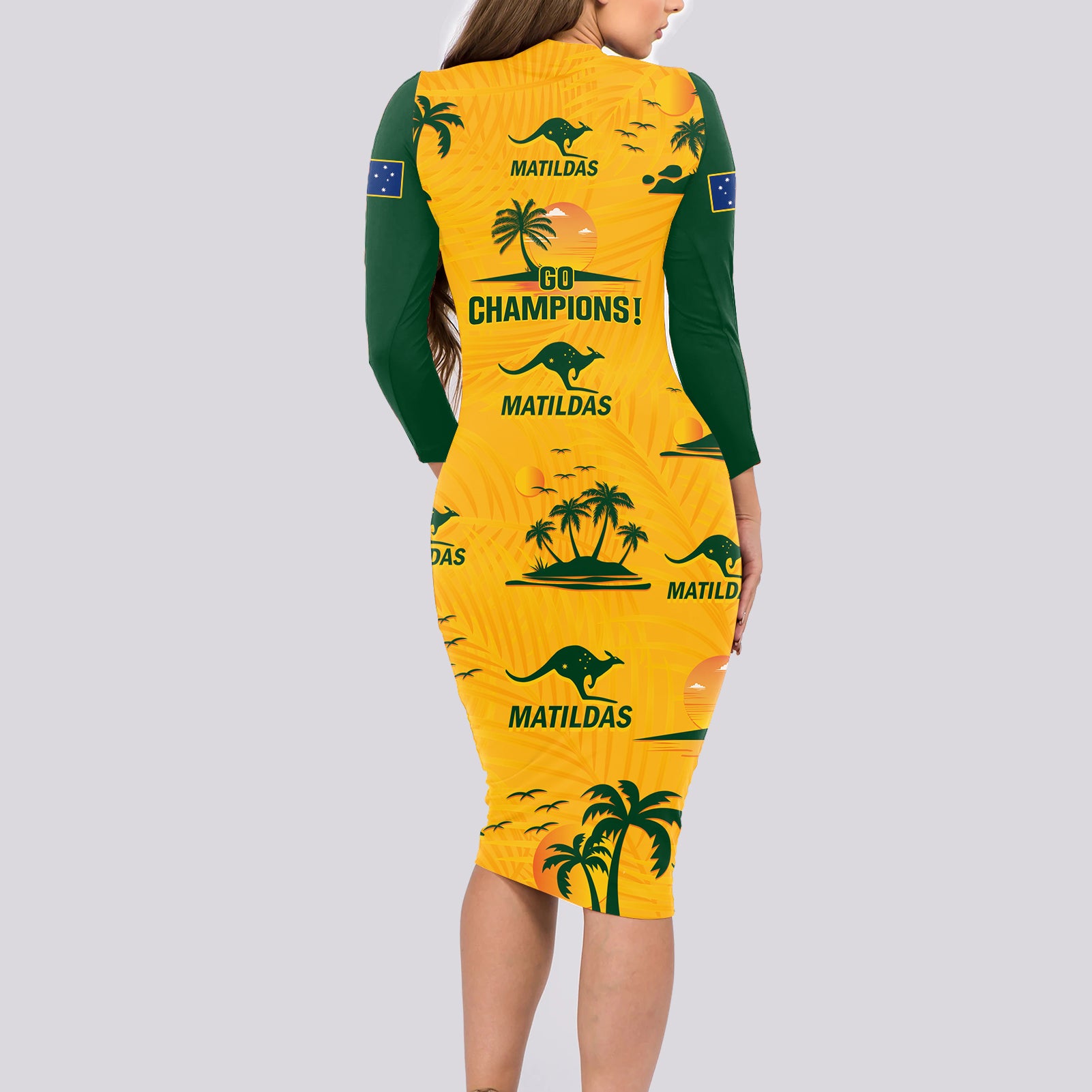 australia-soccer-long-sleeve-bodycon-dress-matildas-world-cup-2023-tropical-style