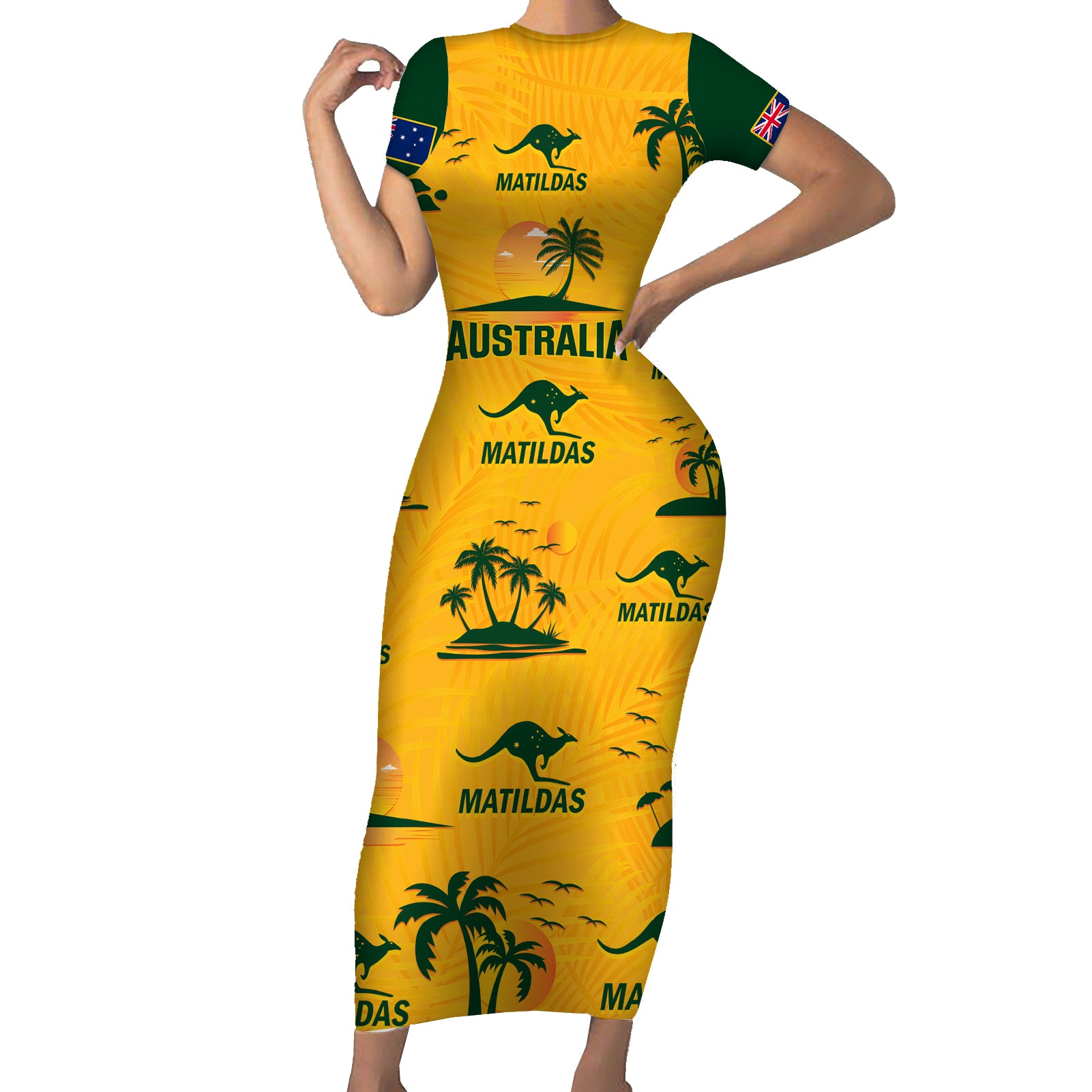 australia-soccer-short-sleeve-bodycon-dress-matildas-world-cup-2023-tropical-style