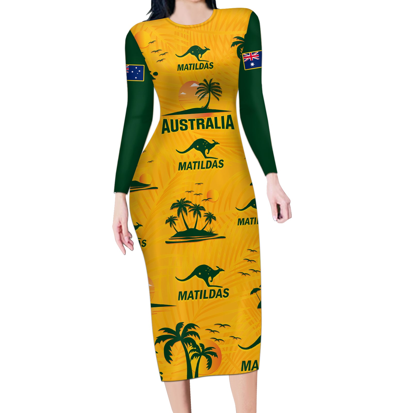 custom-australia-soccer-long-sleeve-bodycon-dress-matildas-world-cup-2023-tropical-style