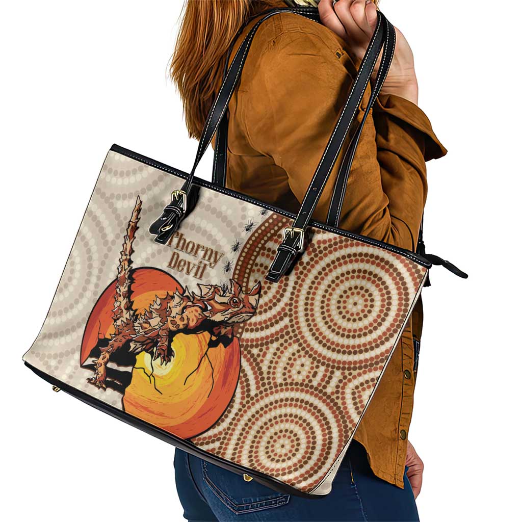 Thorny Devil Australia Leather Tote Bag Baby Moloch Horridus With Ants - Aboriginal Art