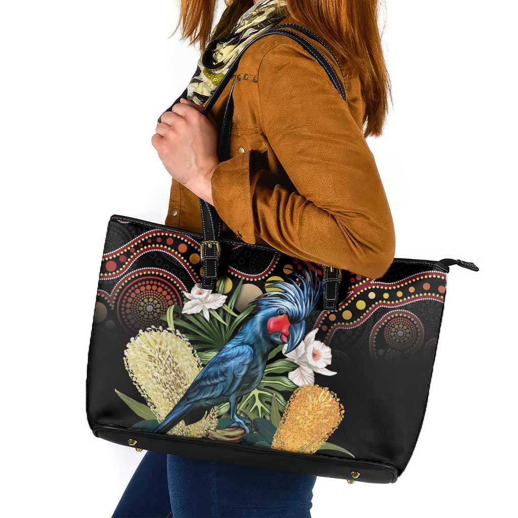 Australia Palm Cockatoo Leather Tote Bag Aussie Banksia - Aboriginal Pattern