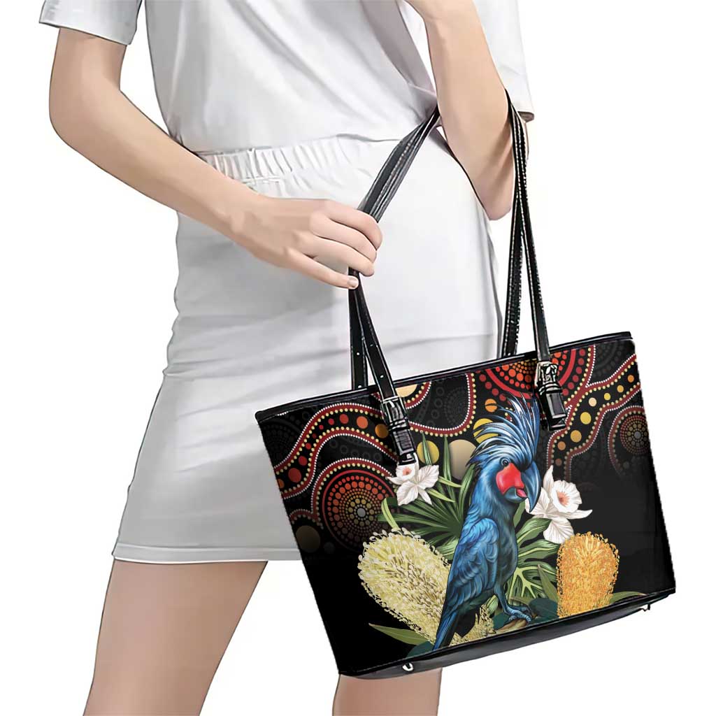 Australia Palm Cockatoo Leather Tote Bag Aussie Banksia - Aboriginal Pattern