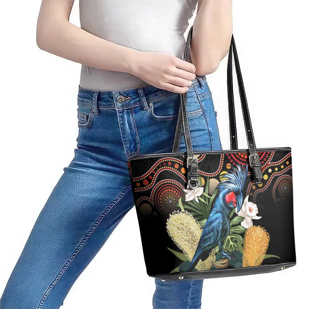 Australia Palm Cockatoo Leather Tote Bag Aussie Banksia - Aboriginal Pattern