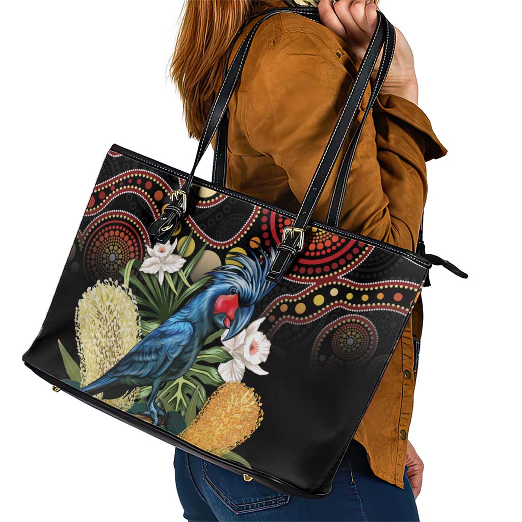 Australia Palm Cockatoo Leather Tote Bag Aussie Banksia - Aboriginal Pattern