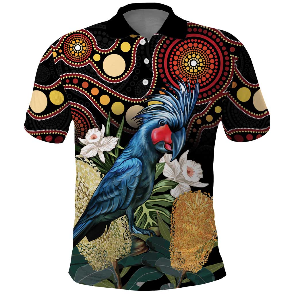 Australia Palm Cockatoo Polo Shirt Aussie Banksia - Aboriginal Pattern