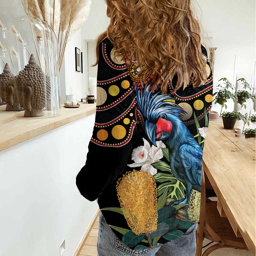 Australia Palm Cockatoo Women Casual Shirt Aussie Banksia - Aboriginal Pattern