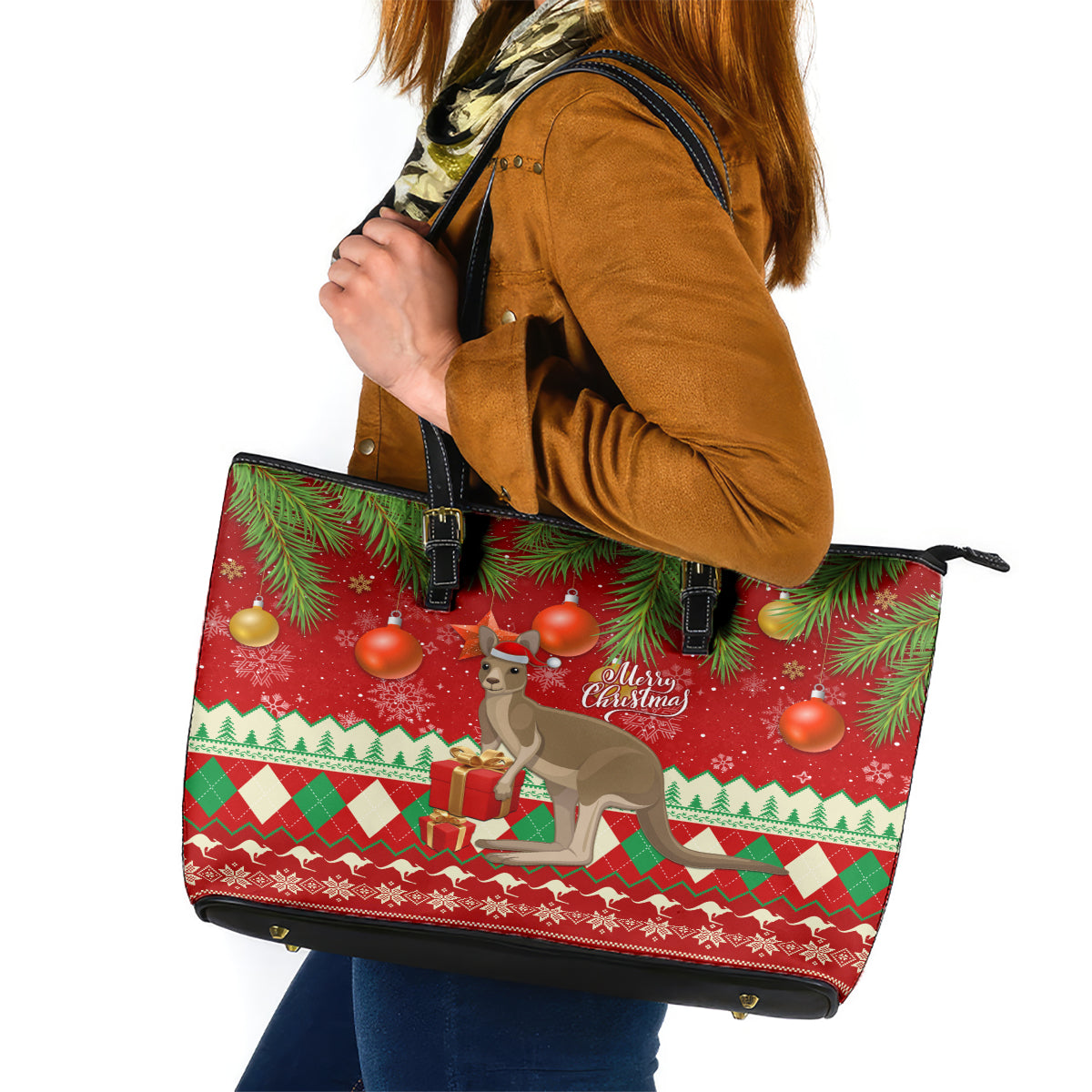 australia-christmas-leather-tote-bag-aussie-kangaroo-santa-merry-xmas