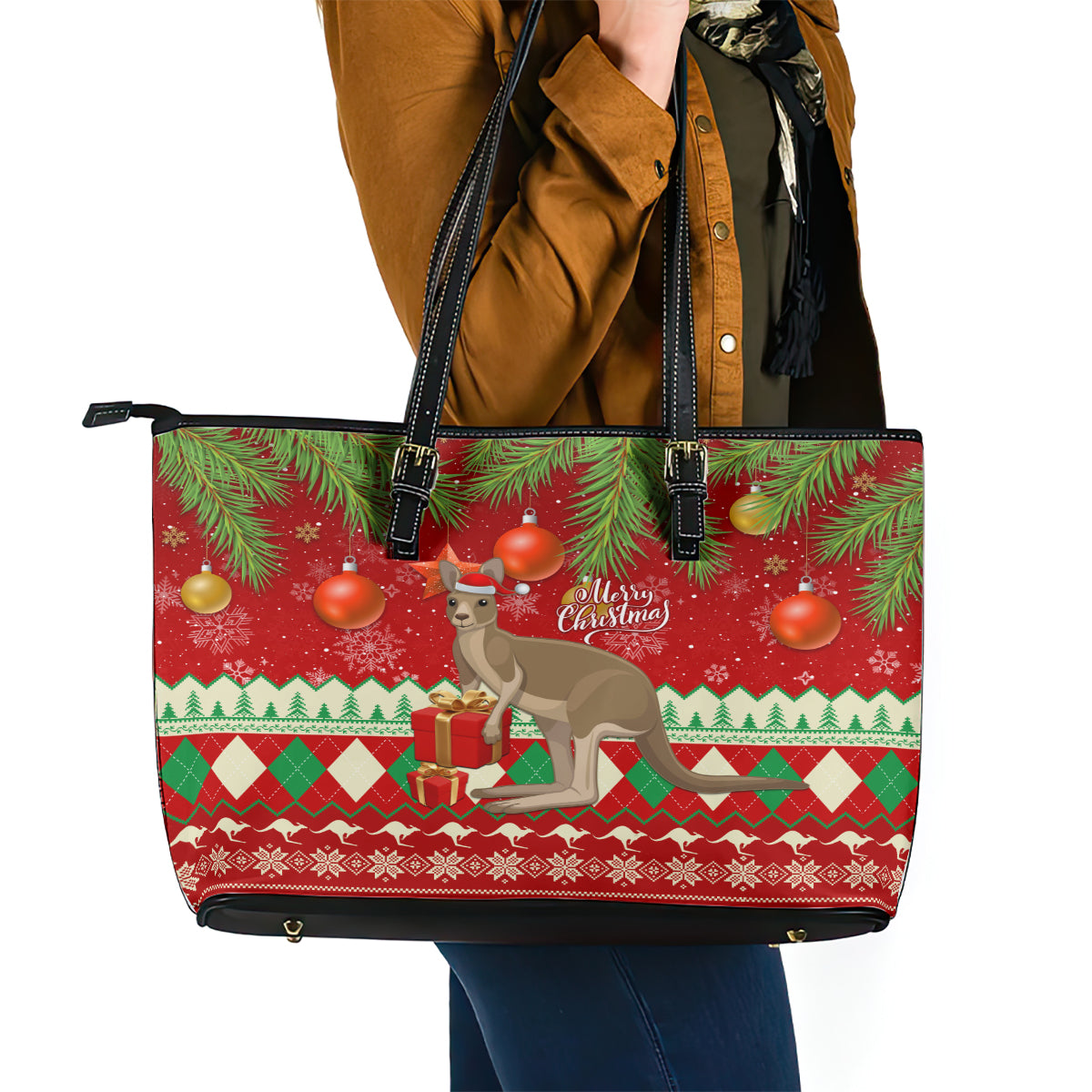 australia-christmas-leather-tote-bag-aussie-kangaroo-santa-merry-xmas