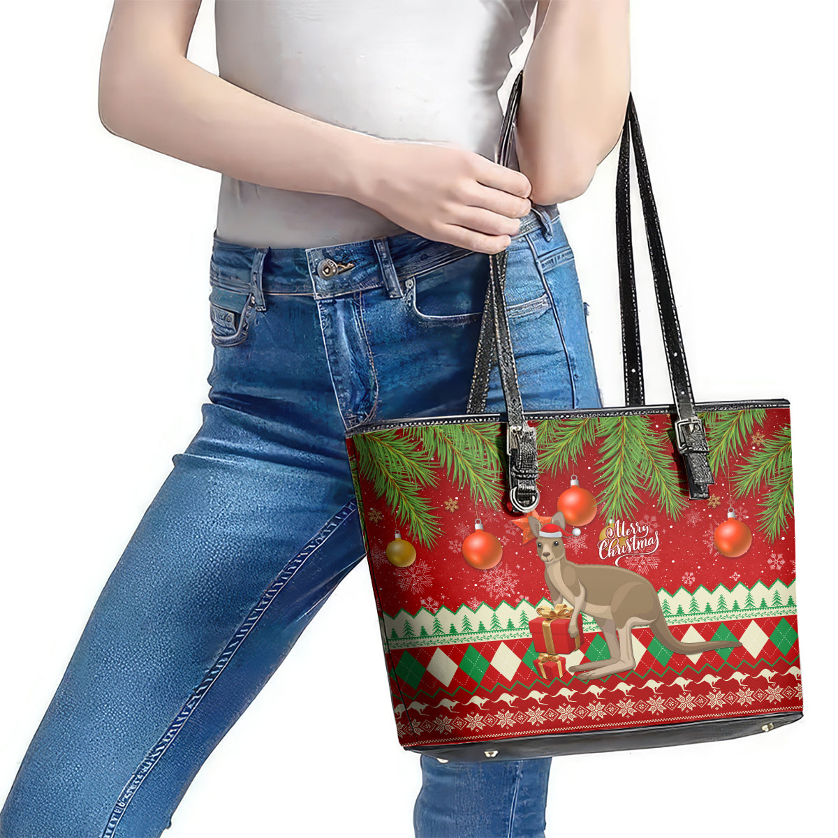 australia-christmas-leather-tote-bag-aussie-kangaroo-santa-merry-xmas